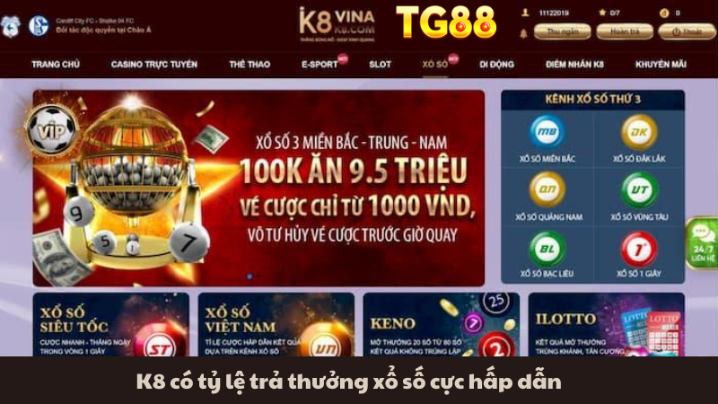 K8 có tỷ lệ trả thưởng xổ số cực hấp dẫn